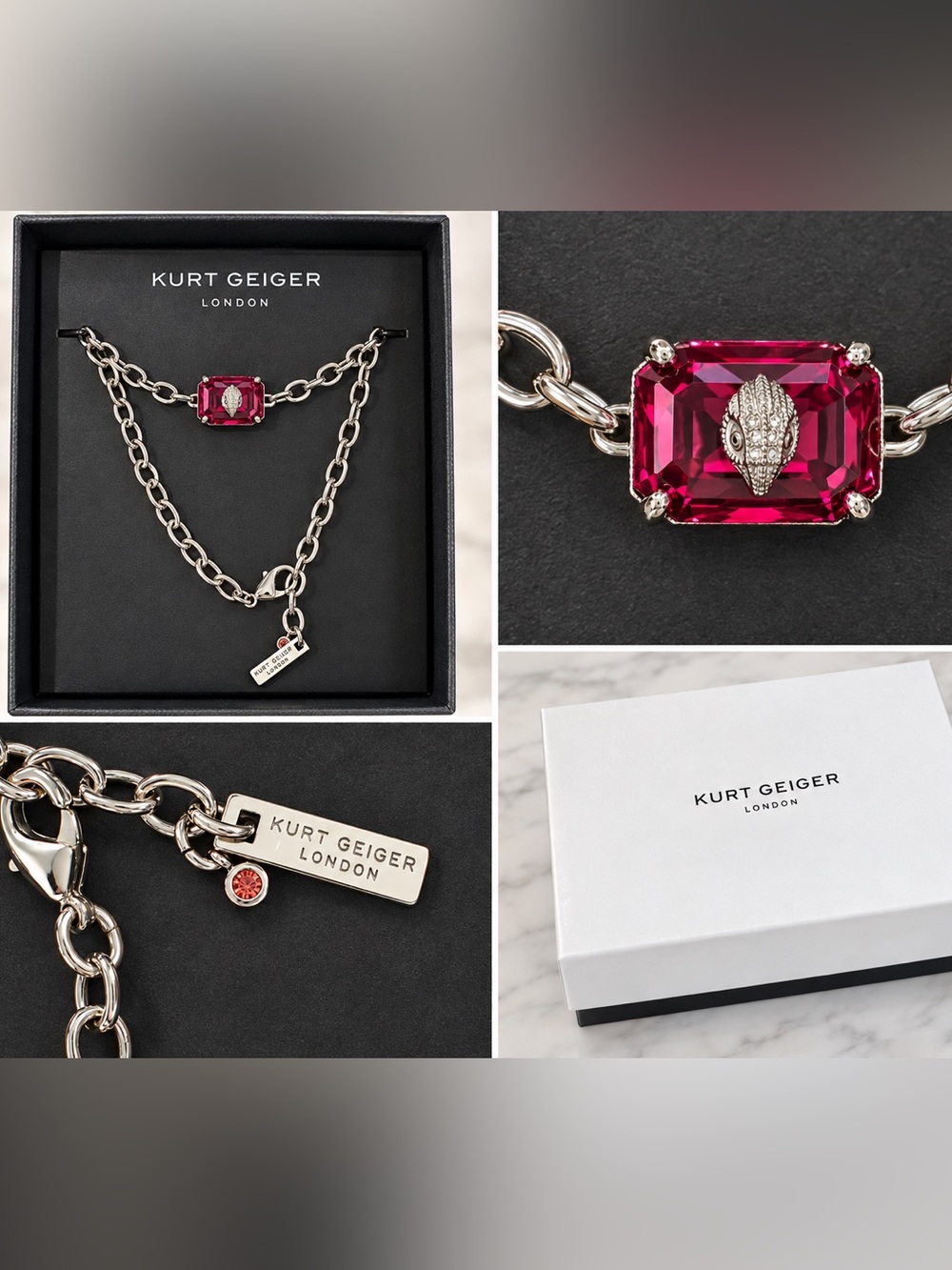 Kurt Geiger Pink Crystal Charm Chain Bracelet 7” long with eagle